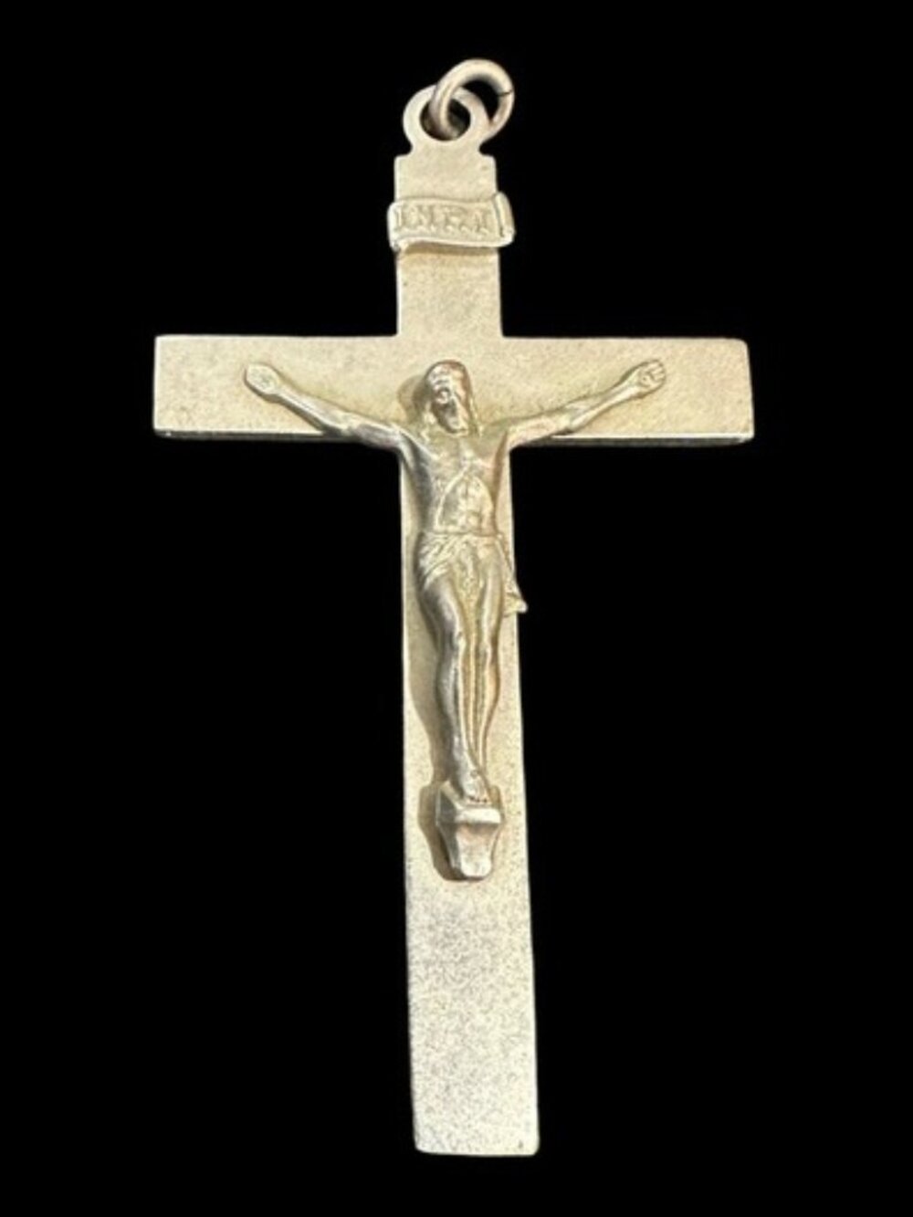 Vintage Silver Tone Crucifix Pendant With INRI Inscription 2.75" x 1.5" Religiou